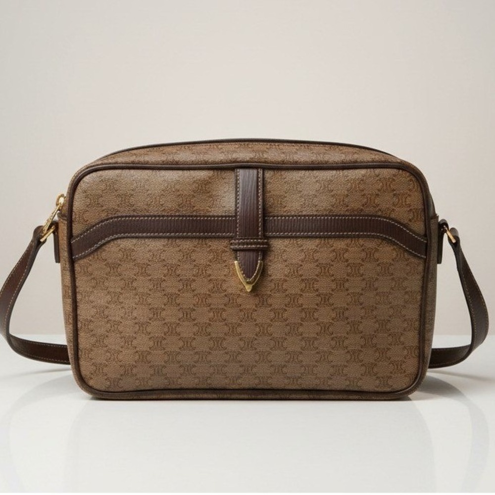 Authentic Vintage Celine Macadam Canvas Crossbody Bag Brown Leather Bag Italy‎